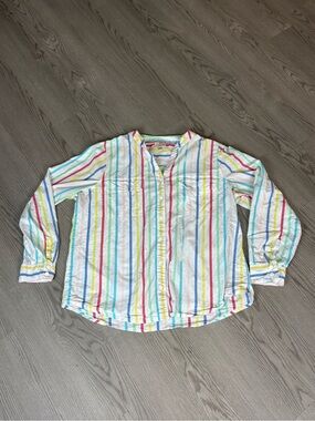 St. John's Bay White Button-Up Shirt with Multicolor Stripes